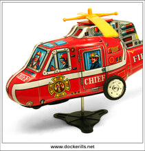 Flying Sky Patrol Helicopter, Fire Chief. Vintage Tin Plate Battery Operated Toy, T.P.S. / Toplay Ltd., Japan.