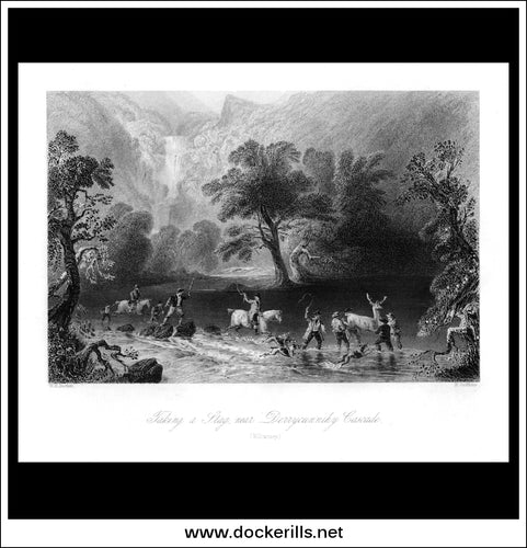 Taking A Stag Near Derrycunnihy Cascade (Killarney), Co. Kerry, Ireland. Antique Print, Steel Engraving c. 1840.
