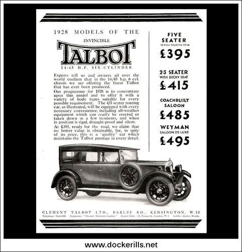 Talbot 14-45 h.p. Six Cylinder Saloon. Original Vintage Advert From September 21st 1927.