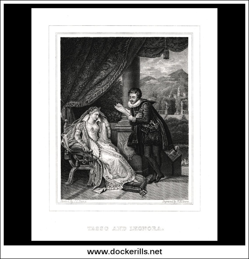 Tasso And Leonora, J.L. Daois, Antique Print, Steel Engraving c. 1870.