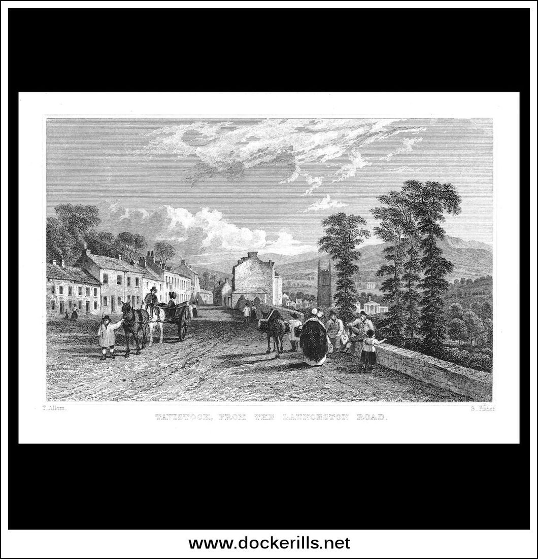 Tavistock, From The Launceston Road, Devonshire, England. Antique Print, Steel Engraving c. 1830.