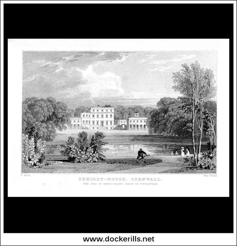 Tehiddy-House, Cornwall, England. Antique Print, Steel Engraving c. 1830.