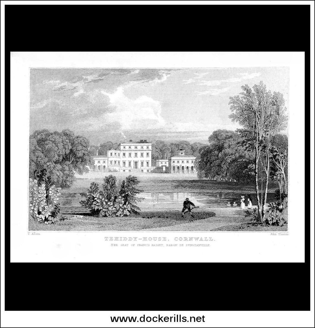 Tehiddy-House, Cornwall, England. Antique Print, Steel Engraving c. 1830.