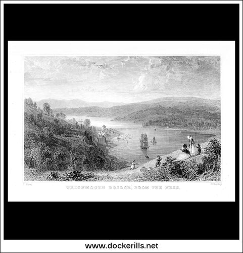 Teignmouth Bridge From The Ness, Devonshire, England. Antique Print, Steel Engraving c. 1830.