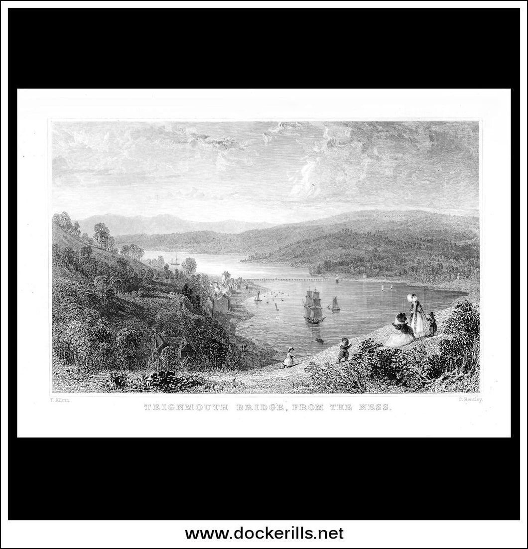 Teignmouth Bridge From The Ness, Devonshire, England. Antique Print, Steel Engraving c. 1830.