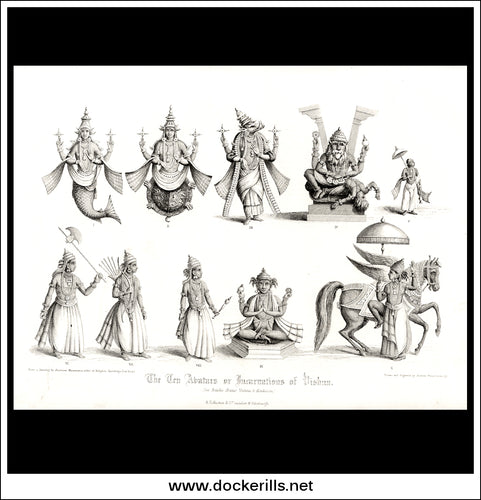 The Ten Avatars Or Incarnations Of Vishnu. Antique Print, Steel Engraving 1858.