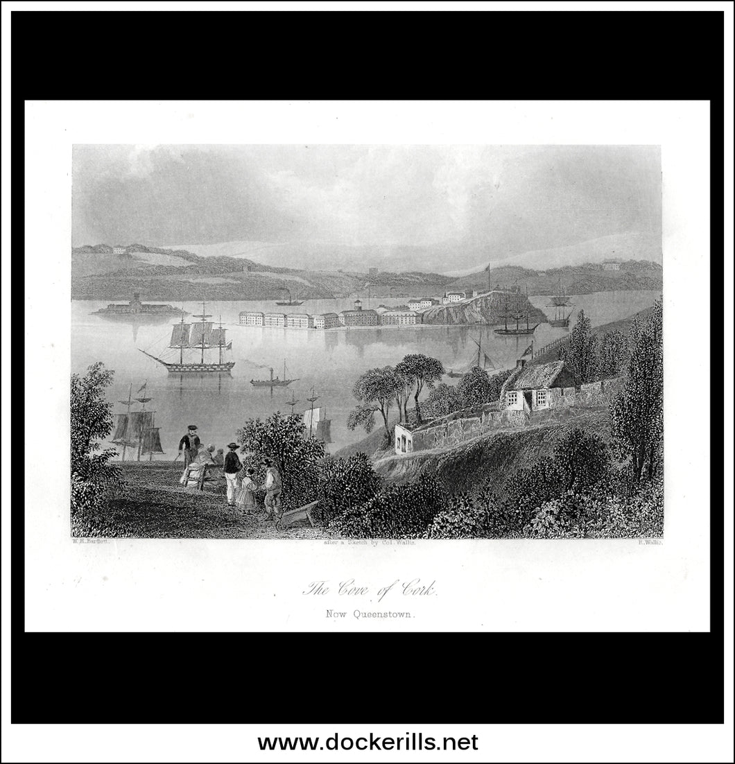 The Cove Of Cork, Now Queenstown, Co. Cork, Ireland. Antique Print, Steel Engraving c. 1840.