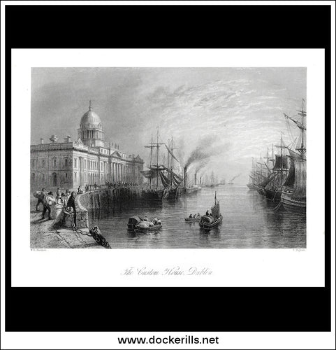 The Custom House, Dublin, Co. Dublin, Ireland. Antique Print, Steel Engraving c. 1840.