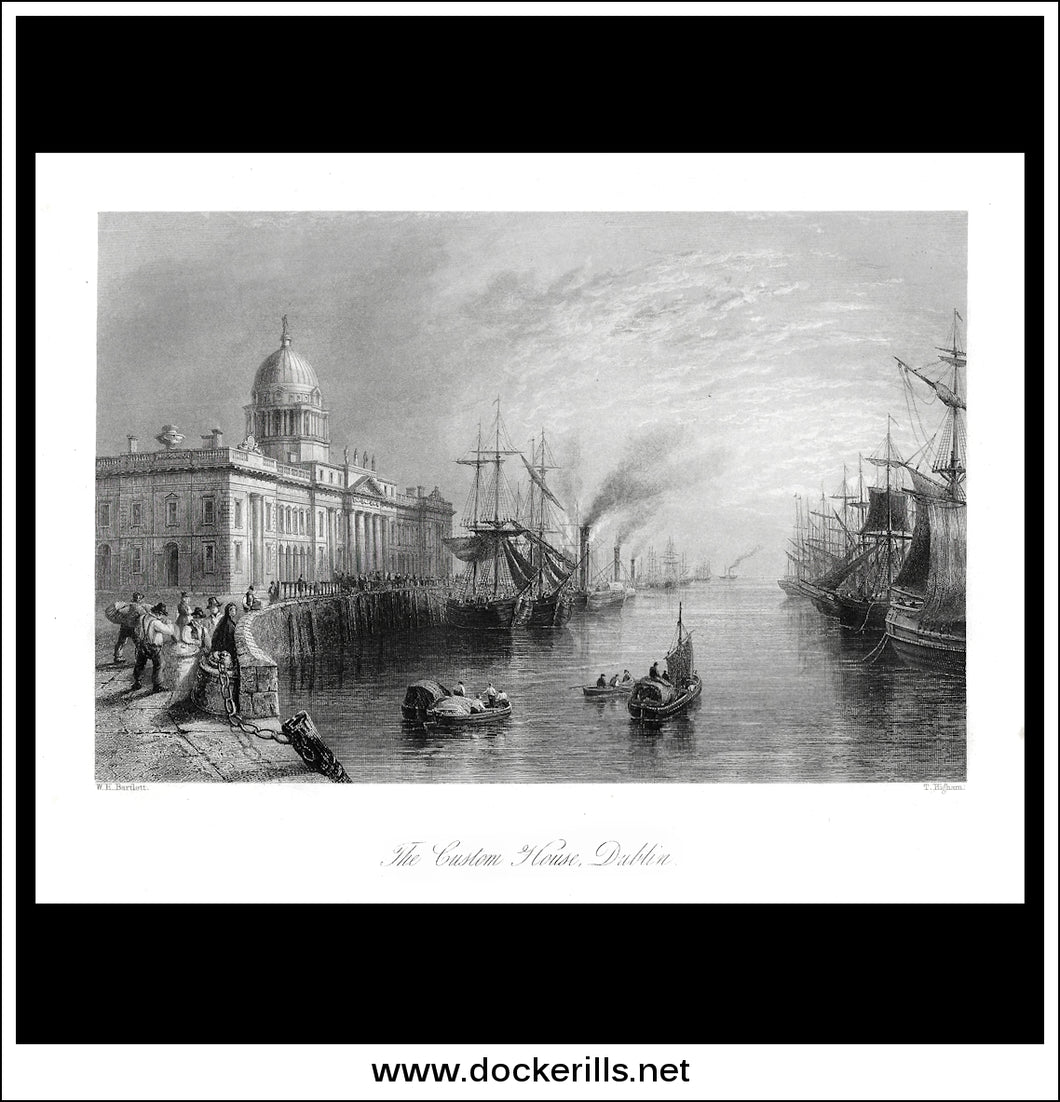The Custom House, Dublin, Co. Dublin, Ireland. Antique Print, Steel Engraving c. 1840.