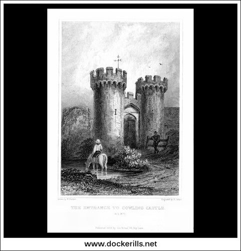 The Entrance To Cowling Castle, Kent, England. Antique Print, Steel Engraving 1829.