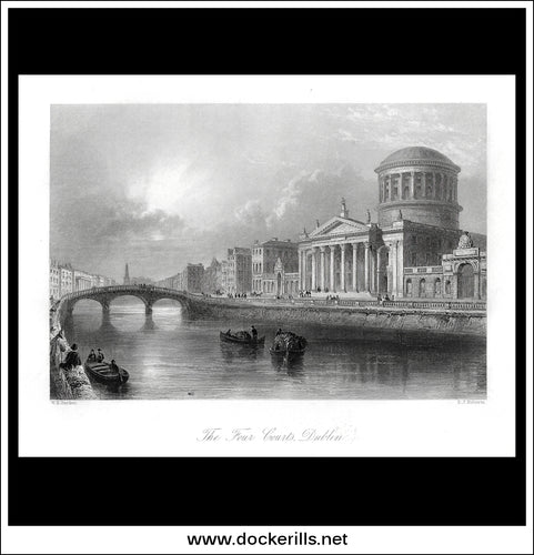 The Four Courts, Dublin, Co. Dublin, Ireland. Antique Print, Steel Engraving c. 1840.