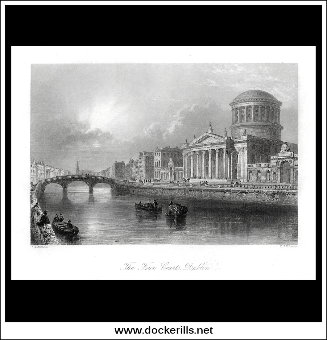 The Four Courts, Dublin, Co. Dublin, Ireland. Antique Print, Steel Engraving c. 1840.