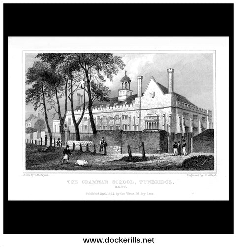 The Grammar School, Tunbridge, Kent, England. Antique Print, Steel Engraving 1832.