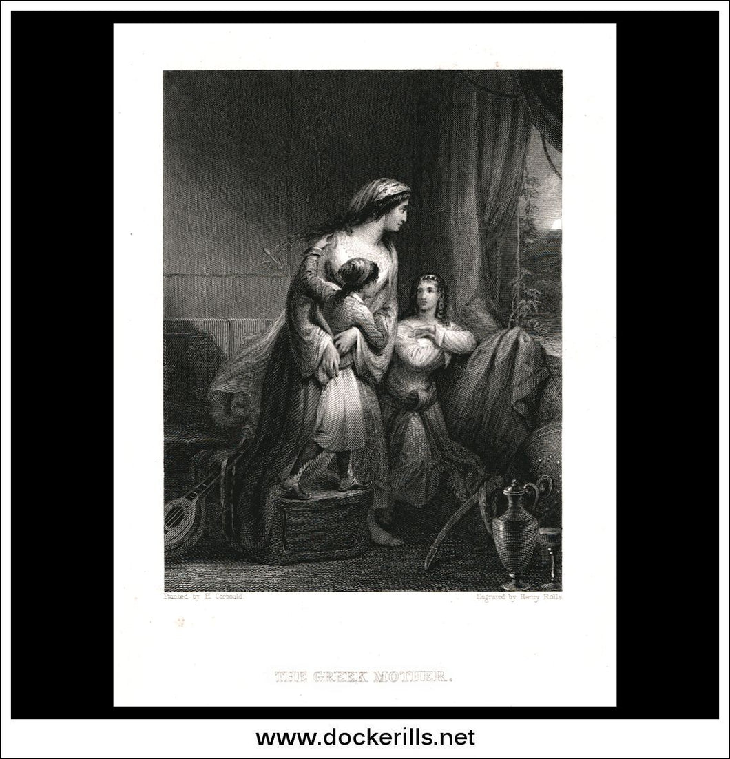 The Greek Mother, H. Corbould, Antique Print, Steel Engraving c. 1870.