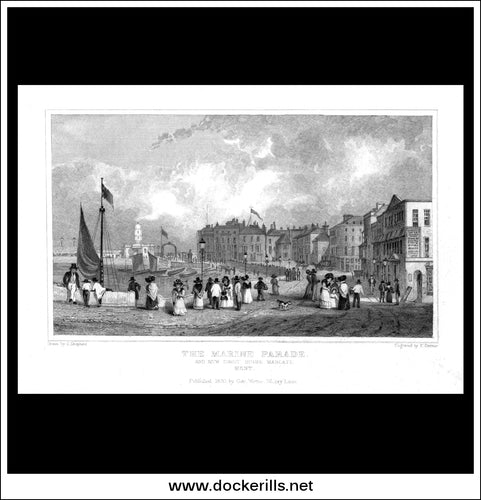 The Marine Parade And New Droit House, Margate, Kent, England. Antique Print, Steel Engraving 1830.