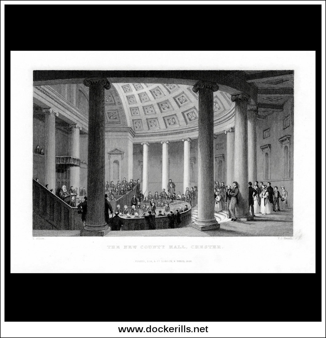 The New County Hall, Chester, Cheshire, England. Antique Print, Steel Engraving, 1836.