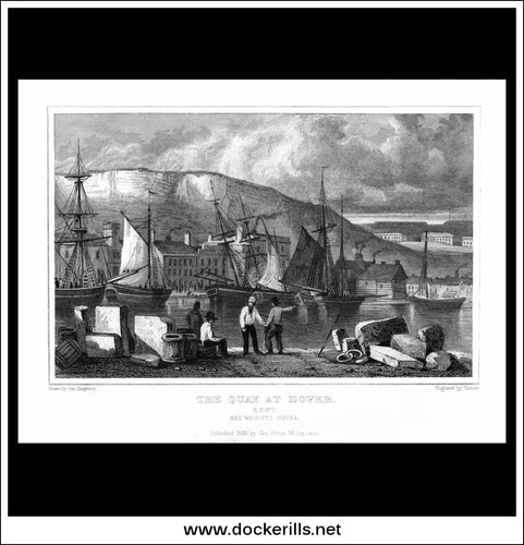 The Quay At Dover, Kent, England. Antique Print, Steel Engraving 1829.