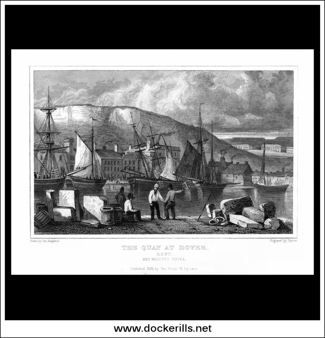 The Quay At Dover, Kent, England. Antique Print, Steel Engraving 1829.