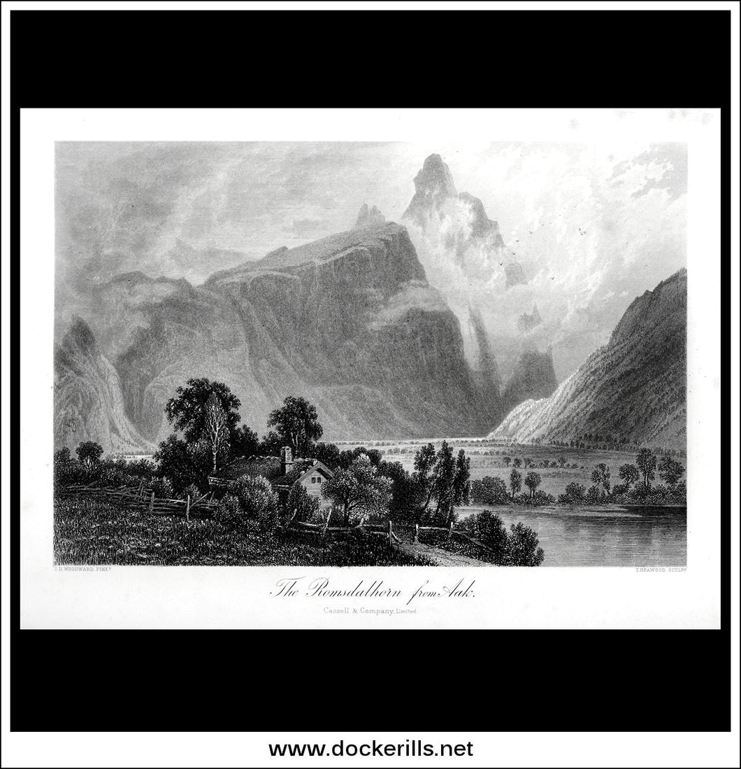 The Romsdalhorn From Aak, Norway. Antique Print, Steel Engraving, 1876.