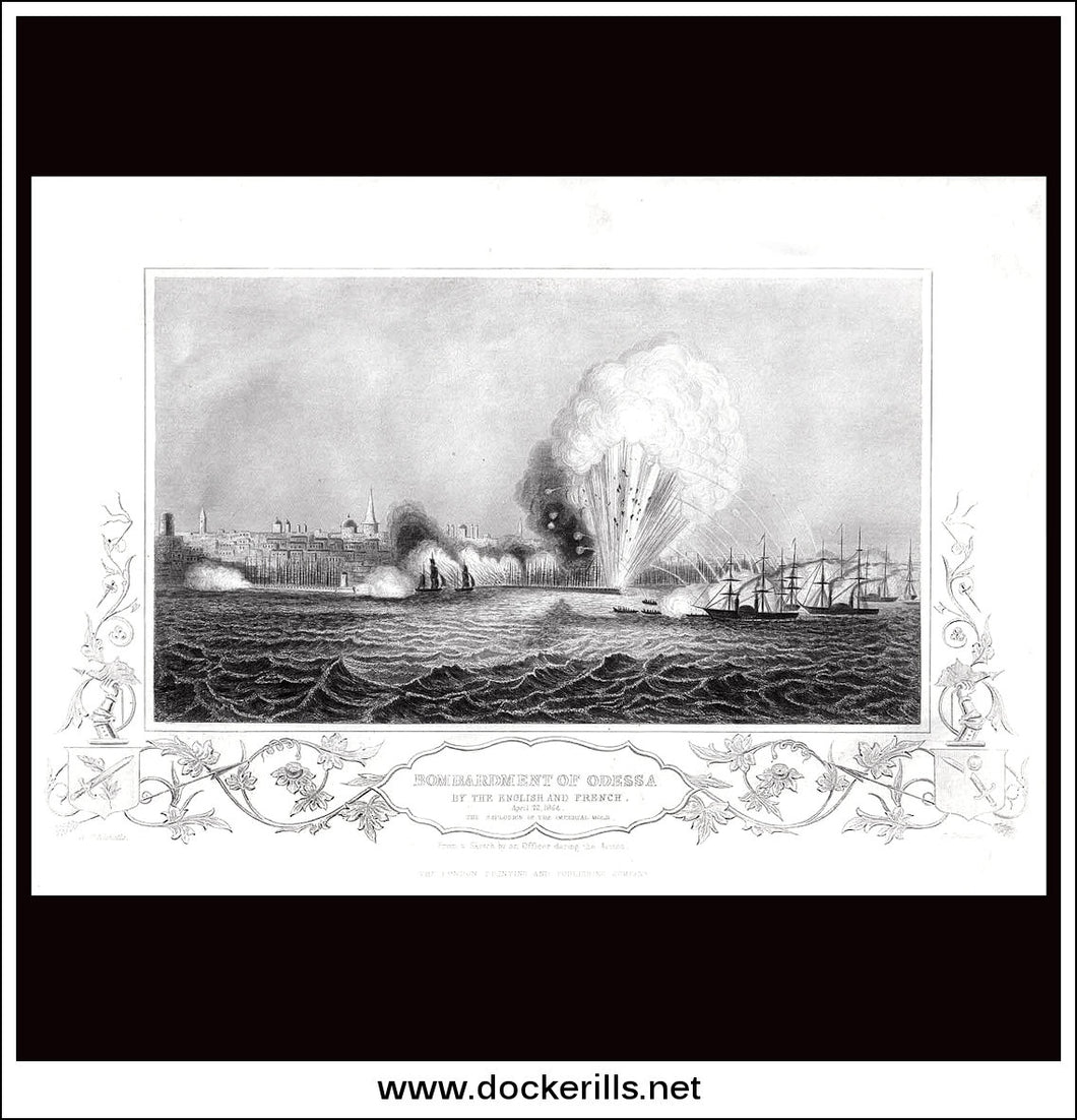 Bombardment Of Odessa By The English And French 1854. Antique Print, Steel Engraving 1858.