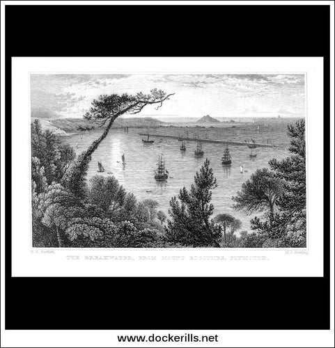 The Breakwater From Mount Edgecombe, Plymouth. Devonshire, England. Antique Print, Steel Engraving c. 1830.