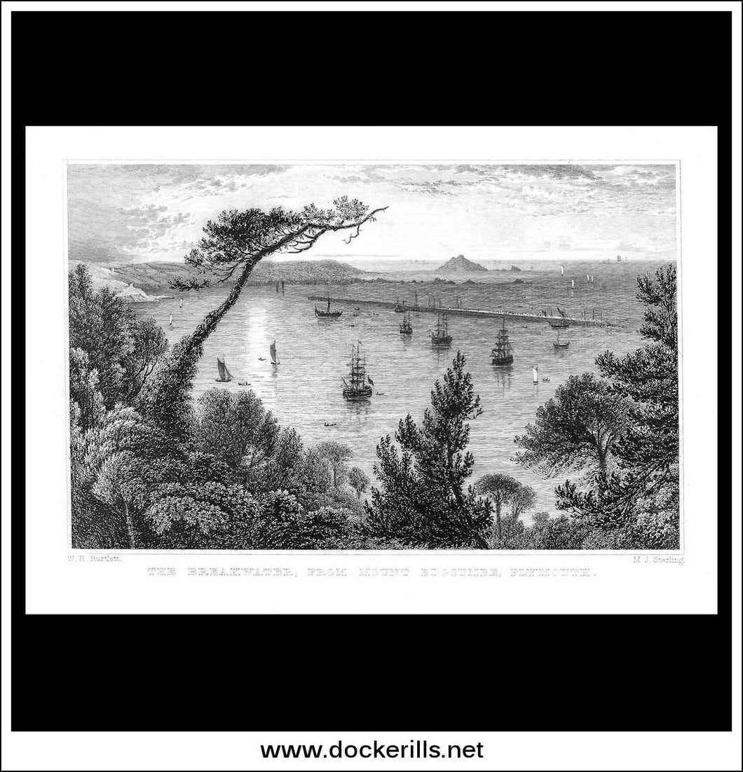The Breakwater From Mount Edgecombe, Plymouth. Devonshire, England. Antique Print, Steel Engraving c. 1830.