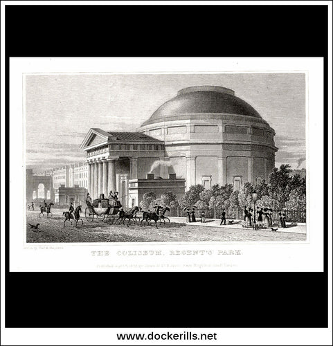 The Coliseum, Regent's Park, London, Middlesex. Antique Print, Steel Engraving 1826.