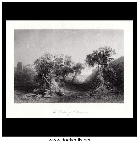 The Garden Of Gethsemane, Israel / Holy Land. Antique Print, Steel Engraving c. 1840.