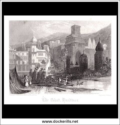The Ghat at Hurdwar, India. Antique Print, Steel Engraving 1840.