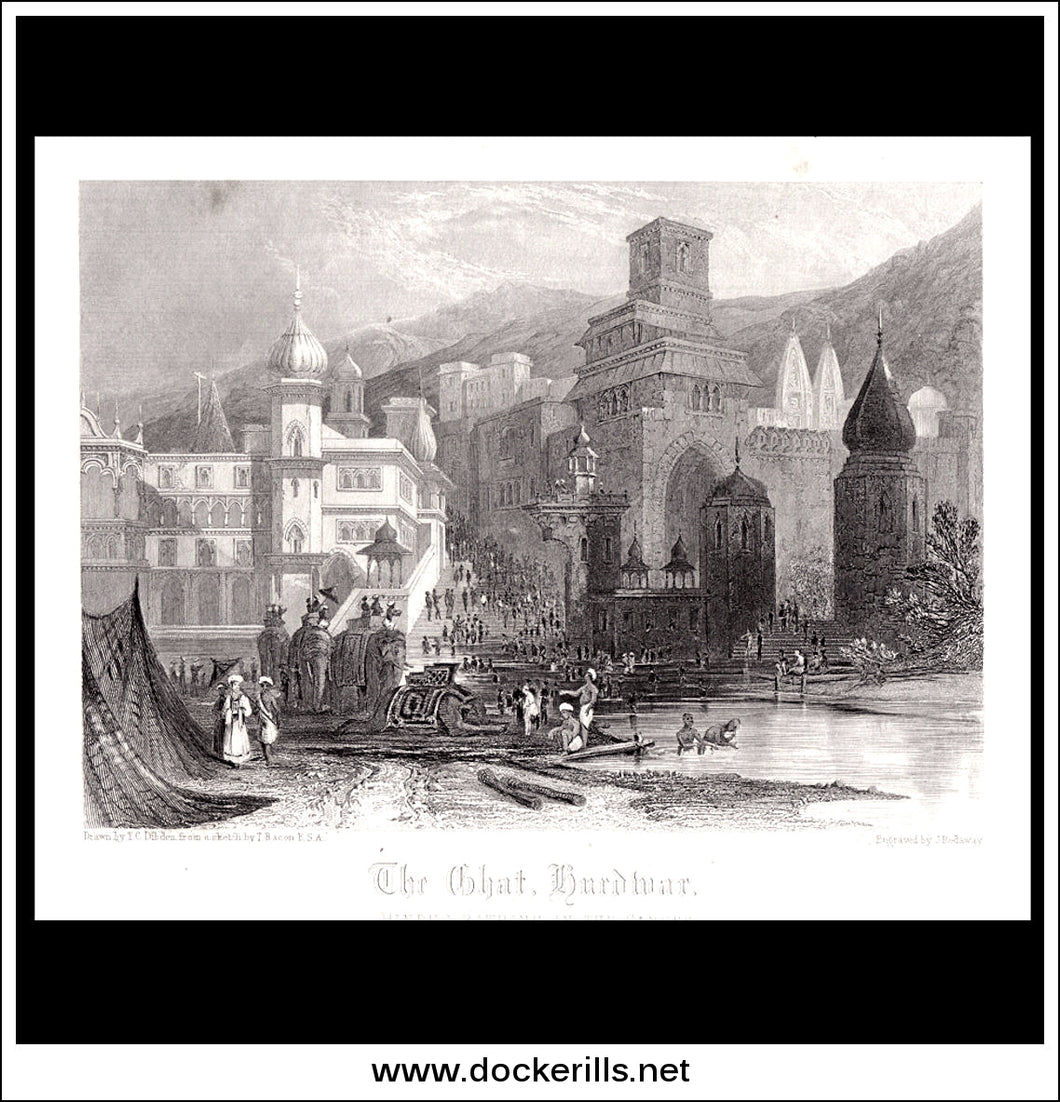 The Ghat at Hurdwar, India. Antique Print, Steel Engraving 1840.