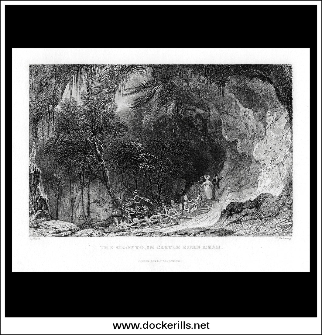 The Grotto, In Castle Eden Dean, County Durham, England. Antique Print, Steel Engraving 1836.