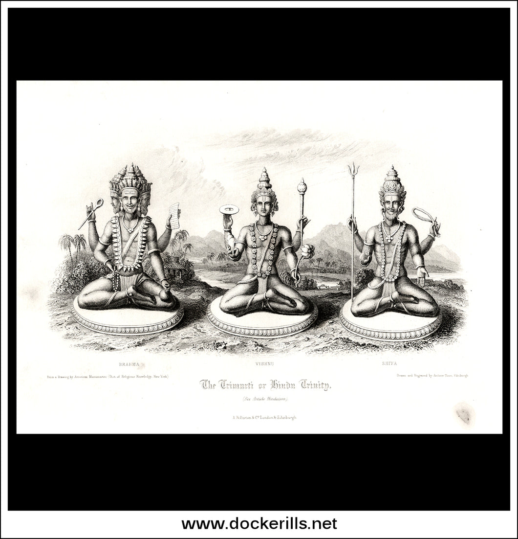 The Trimurti Or Hindu Trinity. Antique Print, Steel Engraving 1858.