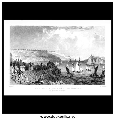 The Hoe & Citadel, Plymouth, Devonshire, England. Antique Print, Steel Engraving c. 1830.