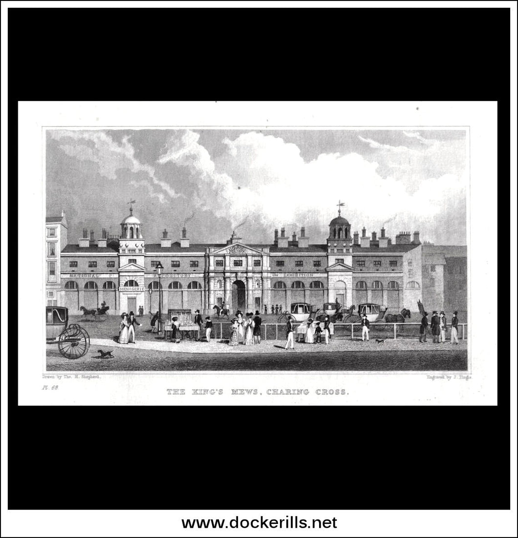 The Kings Mews, Charing Cross, London, Middlesex. Antique Print, Steel Engraving 1830.