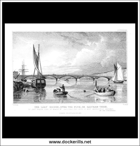 The Lary Bridge Over The Plym Or Saltram Creek, Devonshire, England. Antique Print, Steel Engraving 1829.