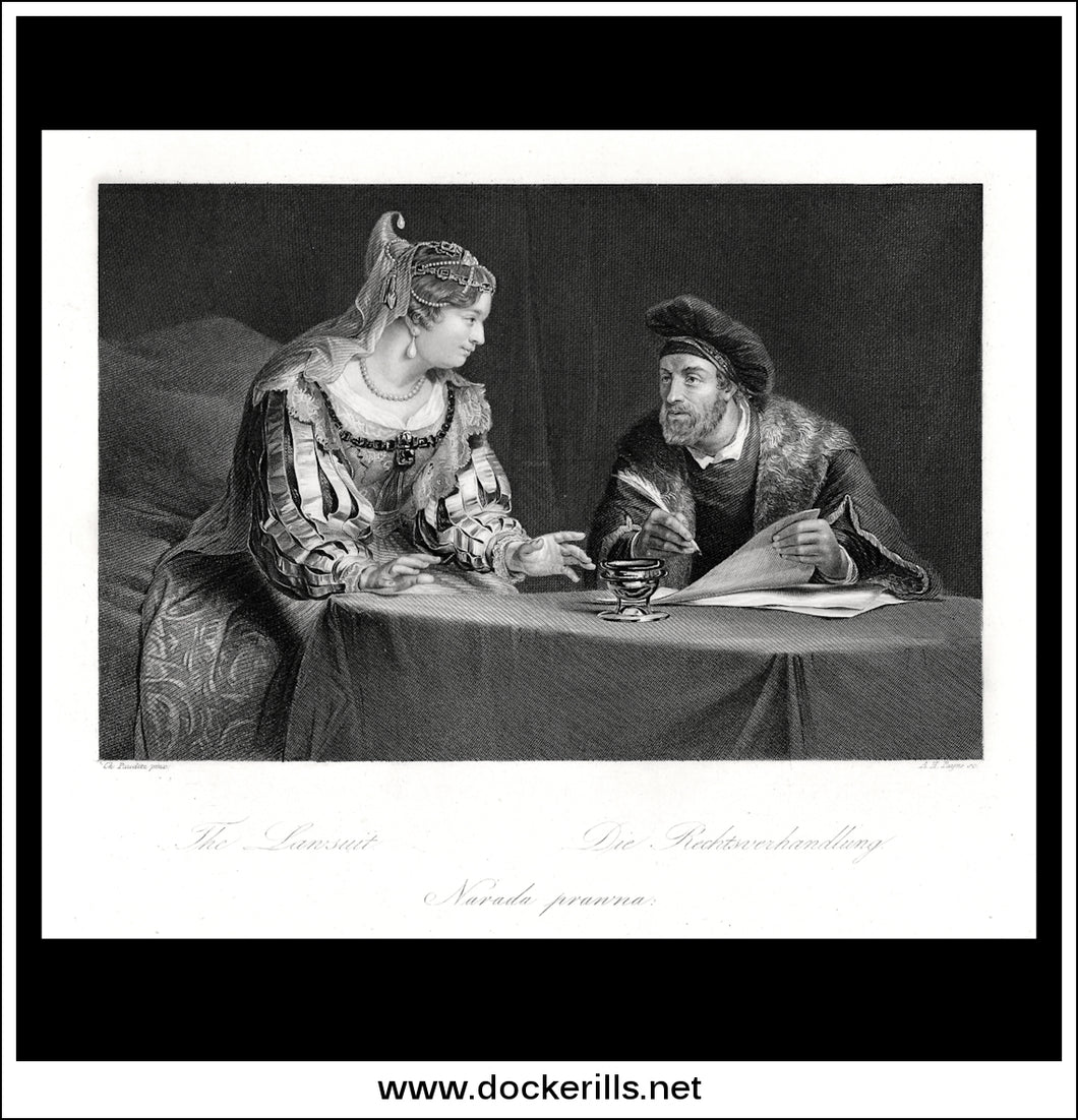 The Lawsuit, Christoph Pauditz, Antique Print, Steel Engraving c. 1845.