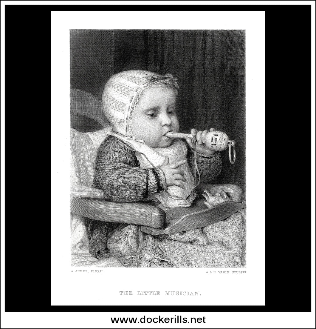 The Little Musician, A. Anker, Antique Print, Steel Engraving c. 1875.