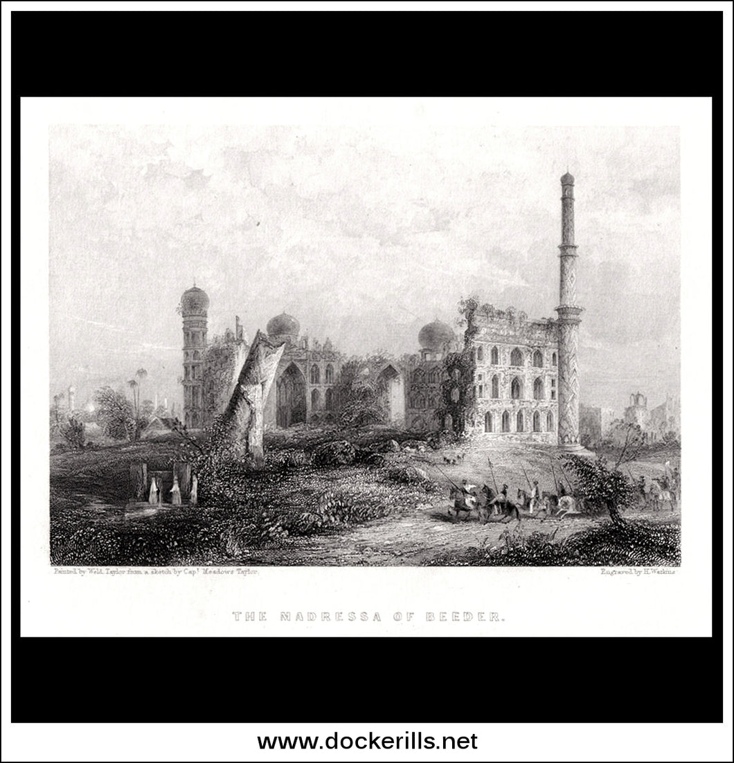 The Madressa Of Beeder, India. Antique Print, Steel Engraving 1840.
