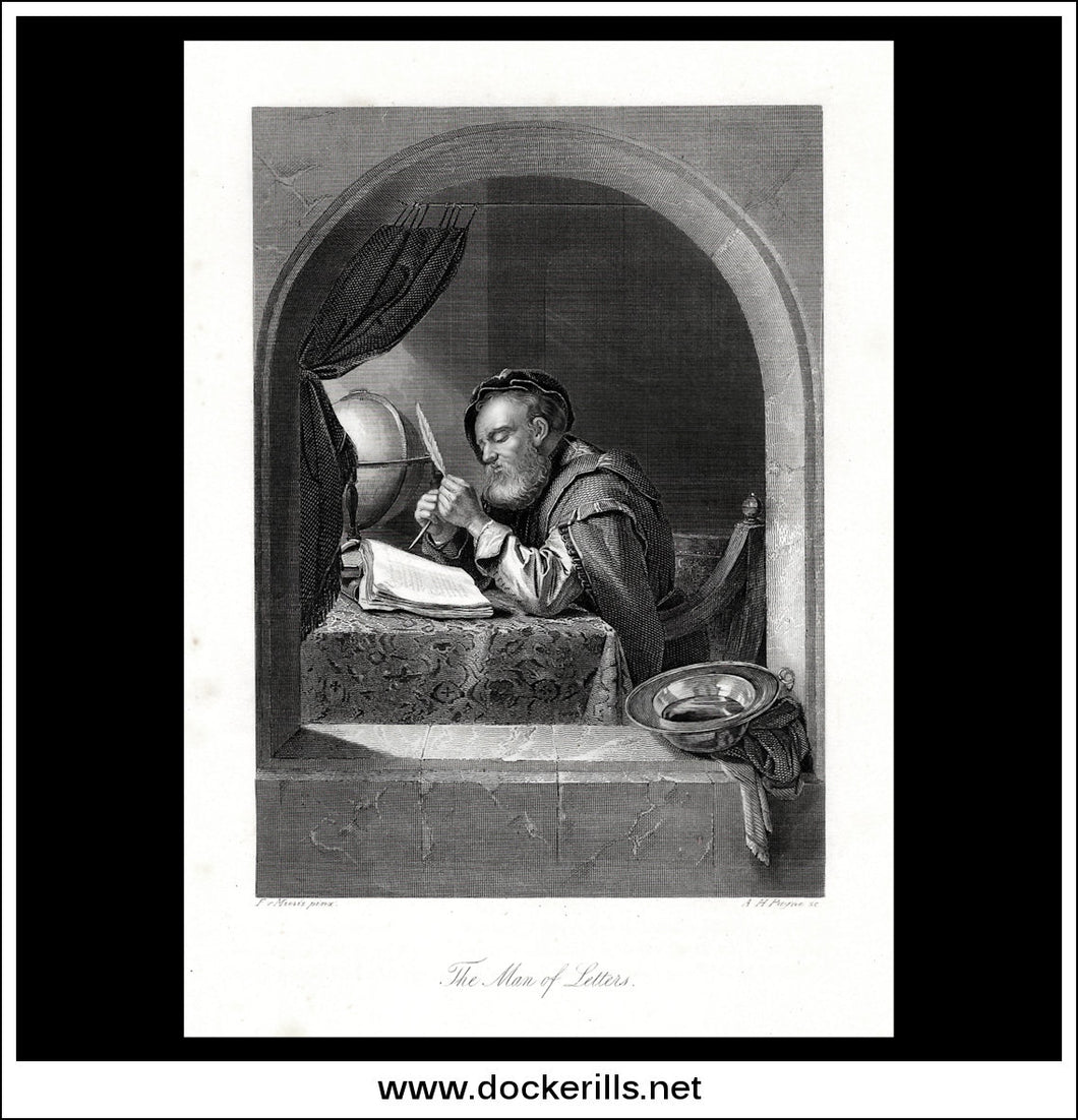 The Man Of Letters, F. Van Mieris, Antique Print, Steel Engraving c. 1845.
