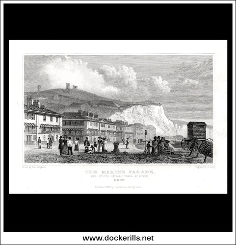 The Marine Parade, And Julius Caesars Tower At Dover, Kent, England. Antique Print, Steel Engraving 1829.