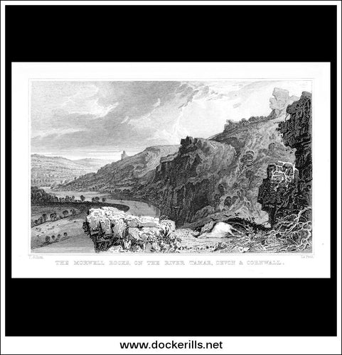 The Morwell Rocks On The River Tamar, Devonshire, England. Antique Print, Steel Engraving c. 1830.