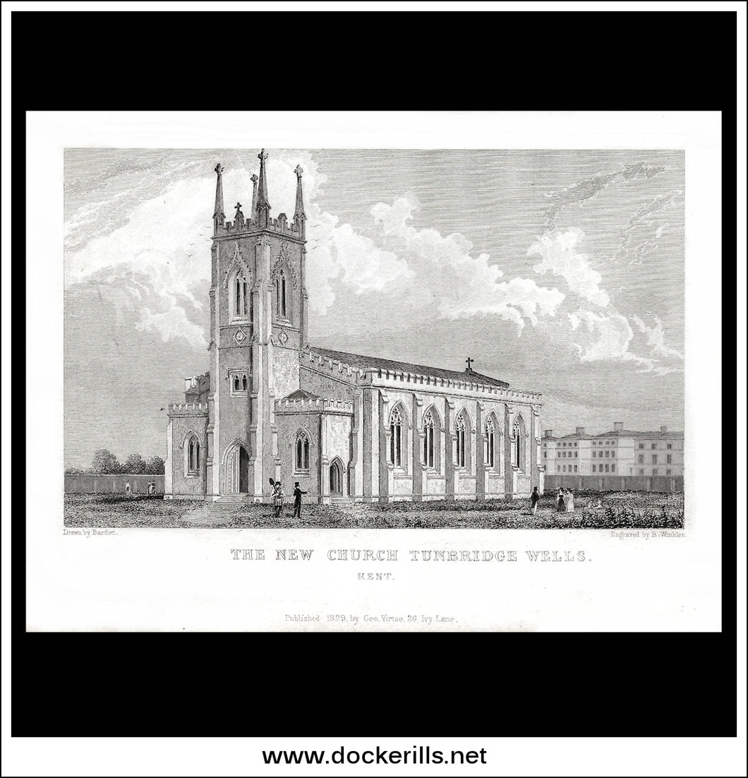The New Church, Tunbridge Wells, Kent, England. Antique Print, Steel Engraving 1829.