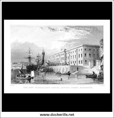 The New Victualling Office, Devil's Point, Plymouth, Devonshire, England. Antique Print, Steel Engraving c. 1830.