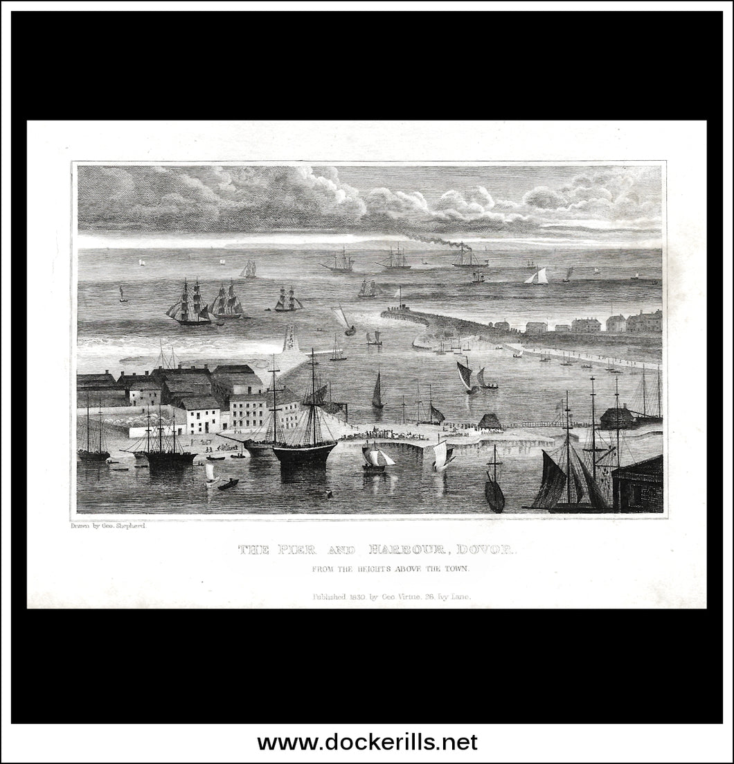 The Pier And Harbour, Dover, Kent, England. Antique Print, Steel Engraving 1830.
