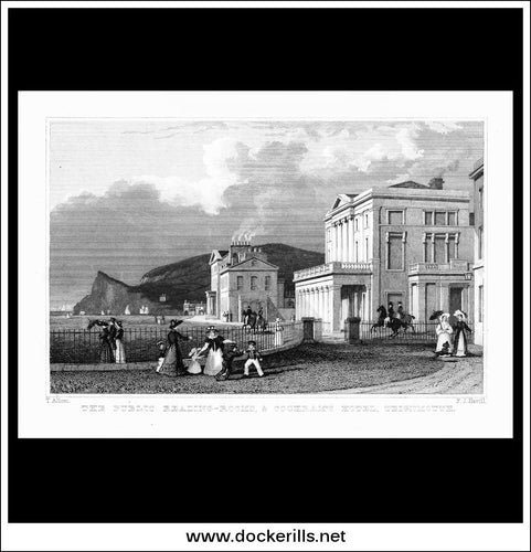 The Public Reading-Rooms & Cockram's Hotel, Teignmouth, Devonshire, England. Antique Print, Steel Engraving c. 1830.