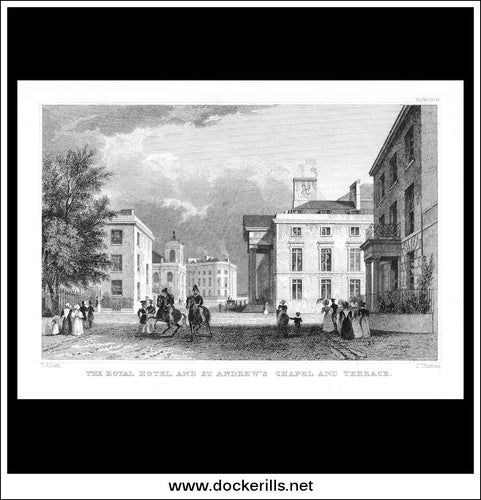 The Royal Hotel & St. Andrews Chapel & Terrace, Plymouth, Devonshire, England. Antique Print, Steel Engraving c. 1830.