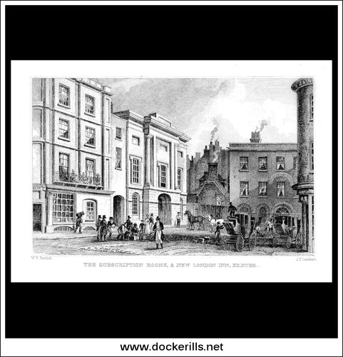 The Subscription Rooms, & New London Inn, Exeter, Devonshire, England. Antique Print, Steel Engraving c. 1830.