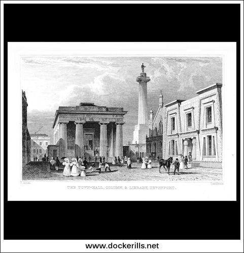 The Town Hall Column & Library, Devonport, Devonshire, England. Antique Print, Steel Engraving c. 1830.
