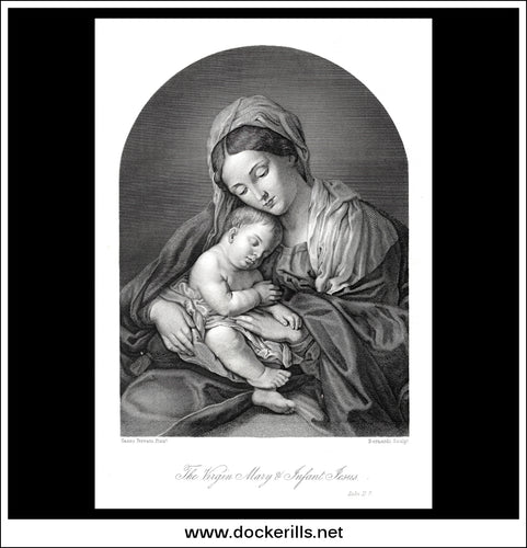 The Virgin Mary And Infant Jesus, Sasso Ferrato, Antique Print, Steel Engraving c. 1875.