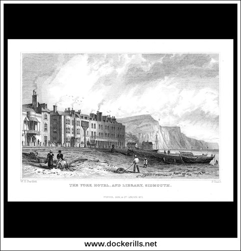 The York Hotel And Library, Sidmouth, Devonshire, England. Antique Print, Steel Engraving 1832.